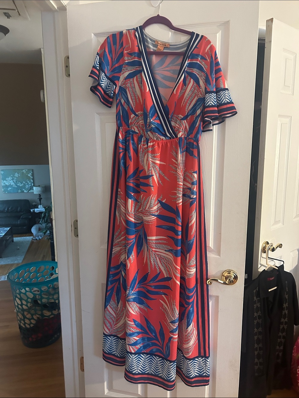 Flying Tomato Coral Maxi Dress with Blue & Cream Leaf Print